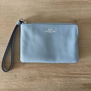 Coach Corner Zip Leather Wristlet Marble Blue/Silver